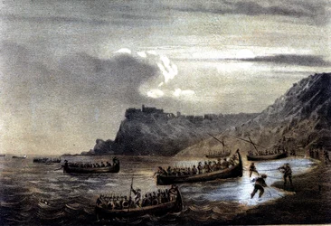 Zjednoczenie Włoch: wyprawa Tysiąca lub Czerwonych Koszul kierowana przez Giuseppe Garibaldiego (1807-1882). Wylot pierwszej floty Garibaldian w kierunku Kalabrii w Forcie Stella. Litografia XIX wieku