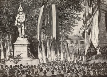 Odsłonięcie pomnika generała Giacomo Medici, Mediolan, Włochy, rycina z rysunku Edoardo Ximenesa z fotografii Rossi, z L