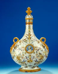 Wazon w kształcie tykwy z majoliki (majoliki) wykonany w fabrykach fajansu Fontany w Urbino we Włoszech 1570-1580 Paryż, Musee du Petro Palais