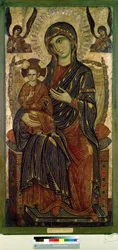 „Dziewica z Dzieciątkiem na tronie” (intronizująca Dziewica z Dzieciątkiem) Aureola Jezusa Chrystusa jest oznaczona krzyżem. Anonimowy obraz artysty z Pizy. Tempera na drewnie. około 1280 Muzeum Puszkina, Moskwa