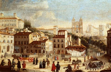 Widok na Piazza di Spagna (Piazza di Spagna), z kościołem Trinita dei Monti (Trinite des Monts) w Rzymie (Widok na plac Hiszpanii i kościół Świętej Trójcy w Rzymie) Malarstwo szkoły rzymskiej - XVII wiek (obraz)