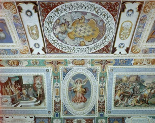 Widok na Sala dei Fasti Farnese (Sala Splendorów Farnese) wymyślona przez Onofrio Panvinio i z freskami Taddeo (1529-66) i Federico Zuccaro (1540-1609) 1557-83 (szczegół)