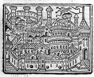 Widok na miasto Aosta we Włoszech. Grawer w „Dodatku do kroniki” autorstwa Fra Jacopo Filippo Foresti, Wenecja
