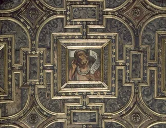 Widok sufitu panelowego z malowanymi panelami autorstwa Pier Marii Pennacchi (1464-1514/15) (drewno)