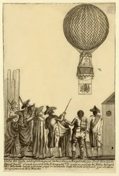 Widok na balon na ogrzane powietrze, który powstał przed jego majestatem pubem. 1793.