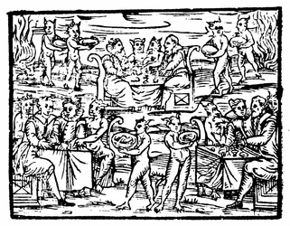 Czarownice i czarownicy ucztujący w szabat, ilustracja z Kompendium Maleficarum autorstwa Francesco Marii Guazzo, 1608