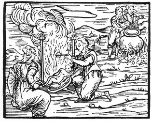 Czarownice piekące i gotujące niemowlęta, kopia ilustracji z Compendium Maleficarum autorstwa ks. M. Guaccius, Mediolan 1608, używanej w Historii magii, opublikowanej pod koniec XIX wieku
