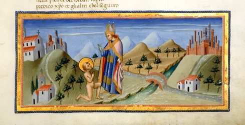 Yates Thompson 36, f.149, Naga postać św. Franciszka otrzymuje błogosławieństwo biskupa Asyżu, od „Divina Commedia” Dante Alighieri, c.1444-50 (welum)