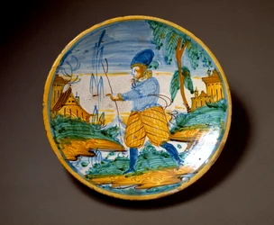 Młody szlachcic. Ceramiczny talerz wykonany w Viterbo we Włoszech. Koniec XVI wieku, Florencja, Museo Nazionale del Bargello