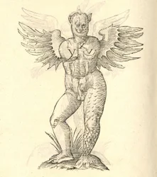 ilustracja przedstawiająca skrzydlatego potwora z „Historii potworów Aldrovandisa”, 1642 r.