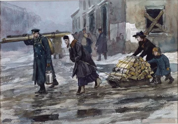Rodzina inżyniera ciągnącego do domu paliwo przez Władimira Iwana Aleksiejewicza (1869-1947). Akwarela, gwasz na papierze
