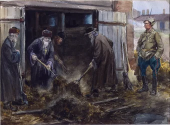 Grupa rosyjskich księży zmuszonych do oczyszczenia stajni barakowych przez Władimira Iwana Aleksiejewicza (1869-1947). Akwarela, gwasz na papierze