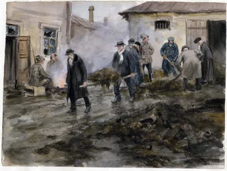 Bourgeois nettoyant une etable - Burżuazja sprzątająca stajnie (z serii akwareli Rewolucja rosyjska) - Władimirow, Iwan Aleksiejewicz (1869-1947) - 1920 - Akwarela na papierze - 25,8x34,4 - Kolekcja prywatna