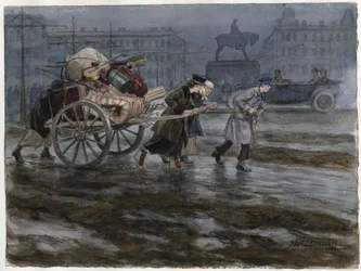 Famille demenageant ses affaires dans une charrette a bras - Rodzina przenosząca swój dobytek na wóz (z serii akwarel Rewolucja Rosyjska) - Władimirow, Iwan Aleksiejewicz (1869-1947) - 1917-1918 - Akwarela na papierze - 25,9x34,3 - Prywatna kolekcja