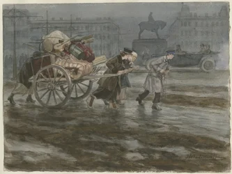Rodzina przenosząca swój dobytek na wózku z serii akwareli Rewolucja Rosyjska, 1917-1918