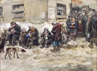 Głodne lata w Piotrogrodzie. „Wspólna jadalnia” Władimira Iwana Aleksiejewicza (1869-1947). Akwarela, gwasz na papierze. Prywatna kolekcja
