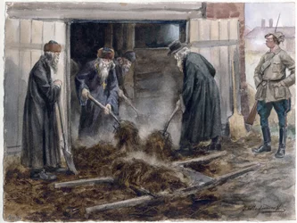 Le clerge russe pelletant le fumier - Rosyjscy duchowni przerzucający siano: wrzesień 1918 (z serii akwarel rewolucja rosyjska) - Władimirow, Iwan Aleksiejewicz (1869-1947) - 1918 - Akwarela na papierze - 25,8x34,3 - Kolekcja prywatna