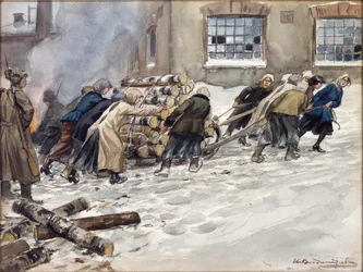 Rekwizycja drewna opałowego przez Władimira Iwana Aleksiejewicza (1869-1947). Akwarela, gwasz na papierze