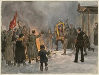 Żołnierze płonący obrazy (z serii akwareli Rewolucja rosyjska) - Oeuvre de Ivan Alexeyevich Vladimirov (1869-1947) - 1917 - Akwarela na papierze - 25,7x34,5 - Kolekcja prywatna