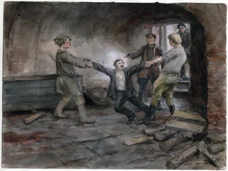 Un detenu emmene pour etre execute - Człowiek zatrzymany i stracony (z serii akwarel Rewolucja rosyjska) - Władimir Iwan Aleksiejewicz (1869-1947) - 1919 - Akwarela na papierze - 25,7x34,5 - Kolekcja prywatna