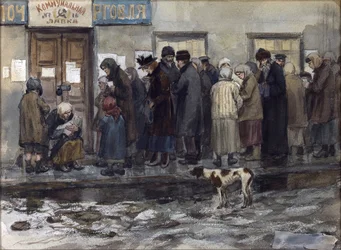 Oczekiwanie na otrzymanie jednej ósmej funta chleba przez Władimira Iwana Aleksiejewicza (1869-1947). Akwarela, gwasz na papierze