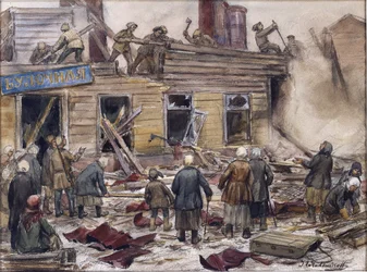 Robotnicy burzący drewniane domy na opał przez Władimira Iwana Aleksiejewicza (1869-1947). Akwarela, gwasz na papierze