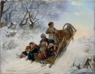 Dzieci na saniach ciągniętych przez konie, 1870
