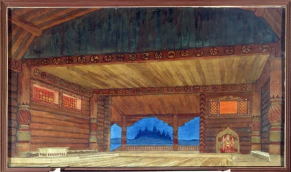 Rysunek przygotowawczy do wystroju opery Rusłan i Ludmiła Michaiła Igora Glinki (1804-1857) (projekt scenografii do opery Rusłan i Ludmiła M.Glinki). Obraz Iwana Jakuba Bilibina (Bilibin) (1876-1942). Akwarela na papierze, 36 x 61 cm