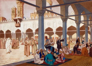 Dziedziniec Uniwersytetu Al-Azhar w meczecie o tej samej nazwie w Kairze w Egipcie (Dziedziniec meczetu i uniwersytetu Al Azhar w Kairze) - Praca Ivana Yakovlevicha Bilibina (Bilibin) (1876-1942), akwarela i gwasz na tekturze