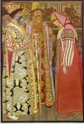 Żona łucznika przed carem i jego orszakiem, ilustracja z rosyjskiej bajki "Idź nie wiem gdzie, przywieź nie wiem co" (Żona łucznika przed carem i jego orszakiem) - Obraz Iwana Jakuba Bilibin (Bilibin) (1876-1942)