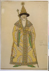 Car Dadon. Kostium do opery „Złoty kogucik” Nikołaja Rimskiego-Korsakowa (1844-1908). Dzieło Iwana Jakowlewicza Bilibina (1876-1942)