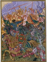 Wypędzenie Chana Batu (około 1205-1255) (Wypędzenie Batu-chana). Batou, mongolski wódz tatarski Złotej Ordy na stepach Rosji. Praca Ivana Yakovlevicha Bilibin (Bilibin) (1876-1942), akwarela i gwasz na papierze