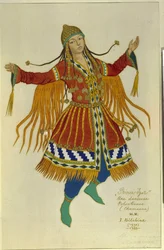 Połowski (lub Couman, Kuman) tancerz szamański. Kostium do opery „Książę Igor” Aleksandra Borodina (Borodina) (1833-1887). Praca Ivana Yakovlevicha Bilibin (Bilibin) (1876-1942), akwarela na papierze