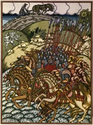 Wołga Światosławicz (Wsiesław de Połock (wers 1039-1101), wielki książę kijowski de 1068 a 1069) i Mikula Selyaninovich (?). Oeuvre de Ivan Yakovlevich Bilibin (Bilibine) (1876-1942), litografia