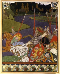Wołga Światosławicz i jego armia. (Wołga Światosławicz i jego armia). Ilustracja do mitycznych eposów inspirowanych folklorem północnej Rosji. Praca Iwana Jakowlewicza Bilibin (Bilibin) (1876-1942), litografia