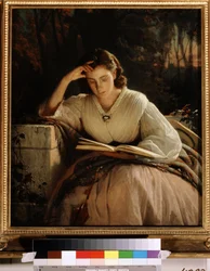 Czytanie. Portret żony artysty pochłoniętej czytaniem książki. (Czytanie. Portret żony artysty). Obraz Iwana Nikołajewicza Kramskoja (1837-1887), olej na płótnie