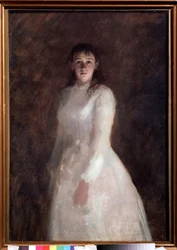 Portret młodej damy (Portret młodej damy). (ubrana w długą białą sukienkę). Obraz Iwana Nikołajewicza Kramskoja (1837-1887), olej na płótnie. Sztuka rosyjska