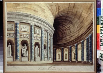 Szkic do kurtyny Teatru Empror na Pawłowsku (Sankt Petersburg). Widok korytarza z kolumnami rdzenia i zabytkowymi posągami. Dzieło Iwana Nikołajewicza Iwanowa (1796-1854), akwa