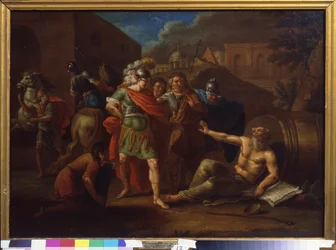 Aleksander Wielki (Aleksander III z Macedonii, 356-323 pne) odwiedza Diogenesa (Diogenesa z Synopy lub Cynika, około 413-około 327 pne) w Koryncie (Grecja)