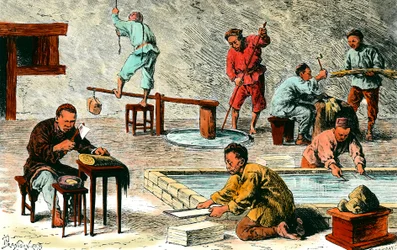 Produkcja papieru w Chinach: różne etapy produkcji arkuszy papieru z kory. Rysunek Iwana Pranishnikoffa (1841-1909). XIX-wieczna kolekcja prywatna