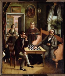 "Gracze w warcaby"" Grupa rosyjskich mieszczan we wnętrzu. Obraz Ivan Stepanovich Doshchennikov (1812-1893) 1840-1850 Państwowa Galeria Sztuki, Perm, Rosja
