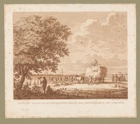 Krajobraz z rolnikami robiącymi siano z Amsterdamem na horyzoncie Widok poza Haarlemmer-Poort z Amsterdamem w locie (tytuł na obiekcie)