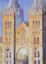 Główne wejście do Muzeum Historii Naturalnej, Londyn, zachód słońca, 1994 (wc na papierze)