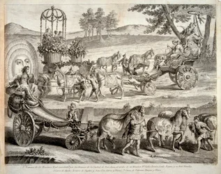 Rydwan Apolla - Wyciąg z albumu ""Masque royal"" (Mascara real) - Miedzioryt autorstwa A J De Fehrta (Defehrt) (1723-1774)