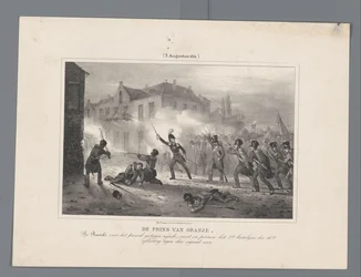 Książę Orange przewodzi oddziałom w Ravels, 1831 Książę Orański, wstając z konia w Ravels, osobiście prowadzi 2. Batalion 18. Dywizji przeciwko wrogowi / (3 sierpnia 1831) (tytuł na obiekcie) Siedem rekordów bitew
