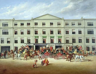 Zmiana koni przed Plough Inn, Cheltenham, 1870