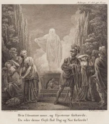 Melampa. Jeśli pójdziesz dalej naprzód i zatwardzisz swoje serca, kiedy ten duch będzie cię przerażał dniem i nocą? Grawerowanie wg Llorentzens Holberg Galleri.