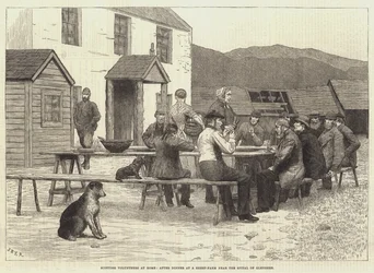 Szkoccy wolontariusze w domu, po kolacji w owczarni w pobliżu Spittal of Glenshee