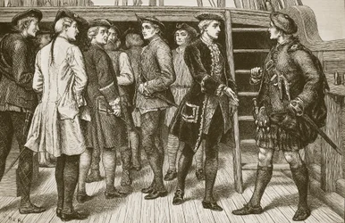 Młody pretendent i Highland Chiefs na pokładzie „Doutelle” przed lądowaniem w Szkocji, grawerowane przez Butterwortha i Heatha