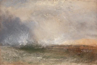 Burzliwe morze pękające na brzegu, między 1840 a 1845 rokiem.